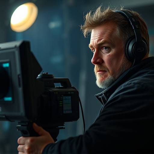 A director looking at a monitor with a serious expression, on a film set.