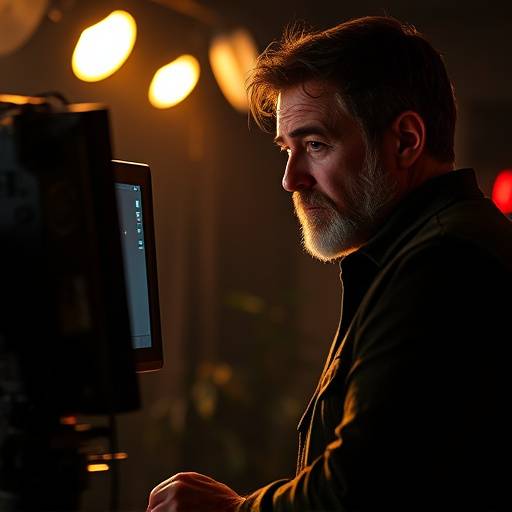 A director looking at a monitor with a serious expression on a film set, representing the Business of Directing course