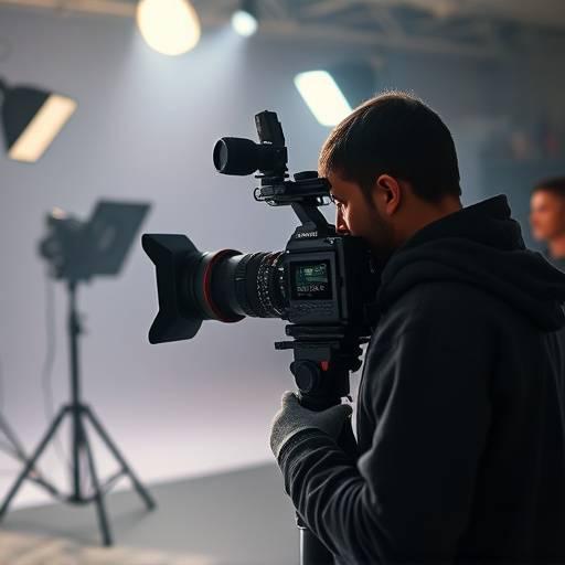 Camera operator filming a scene in a studio with professional lighting, representing Advanced Cinematography course