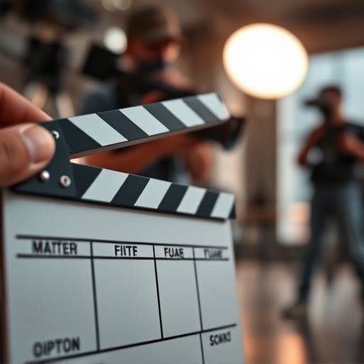 Close-up shot of a clapperboard with blurred film crew in the background