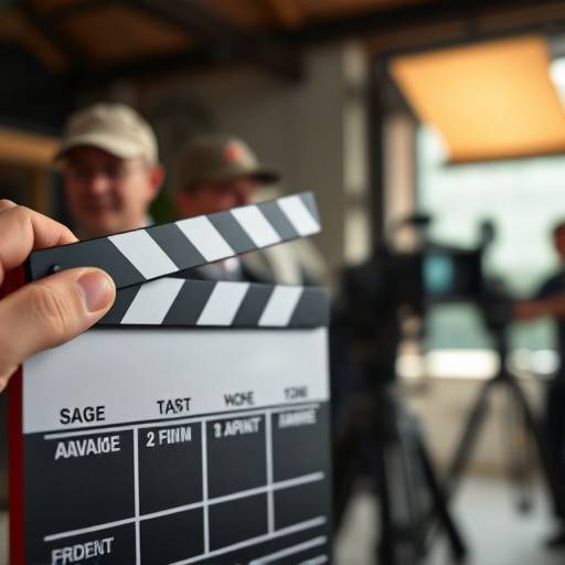 Close-up shot of a clapperboard with blurred film crew in the background, representing Directing Fundamentals course