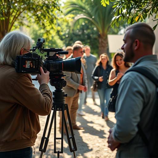 Film set with a director giving instructions to actors