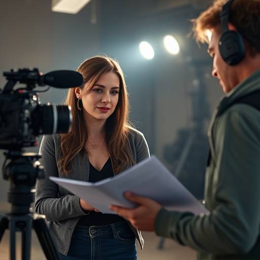 Isabella Rossi on set, meticulously reviewing notes and communicating with the director