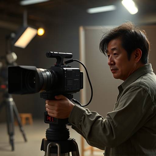 Kenji Tanaka operating a camera on a film set, carefully framing a shot