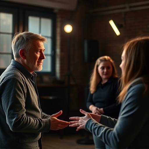 Marcus O'Connell leading an acting workshop, providing feedback to an actor