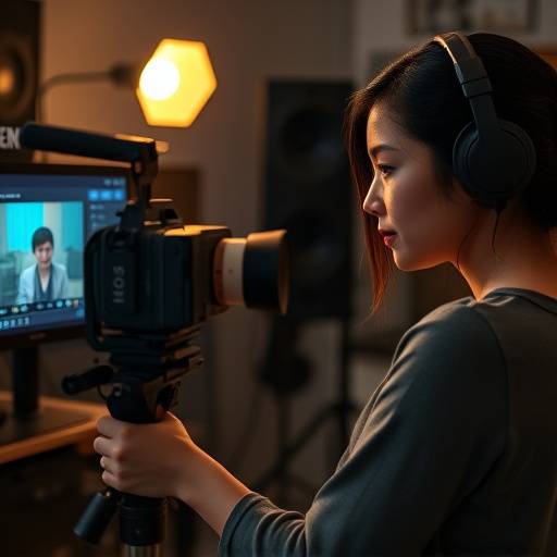 Natalie Chen working in an editing suite, reviewing footage on a monitor