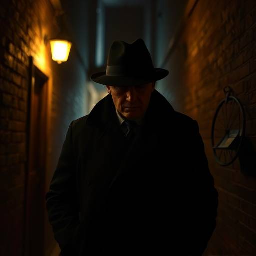 Noir style film still featuring a detective in a dimly lit alleyway from student film Echoes of the City