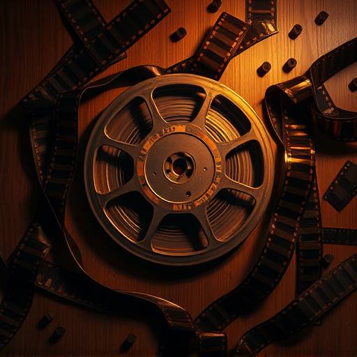 Overhead shot of a film reel with scattered film strips