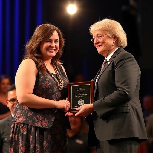 Photo of Sarah Johnson, a Directing Mastery Academy graduate, receiving an award on stage