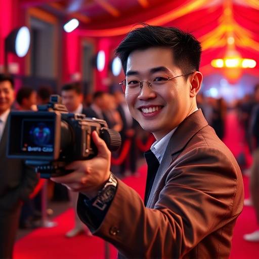 Portrait of David Chen, a Directing Mastery Academy alumni, standing on a red carpet at a film premiere
