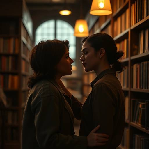 Romantic film still of two people meeting in a library from student film The Last Bookstore