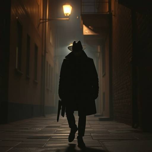 Still from the student film 'Echoes of the City' depicting a noir scene with a detective in a smoky alley