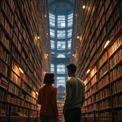 Still from the student film 'The Last Bookstore' showing two characters meeting amongst towering shelves of books