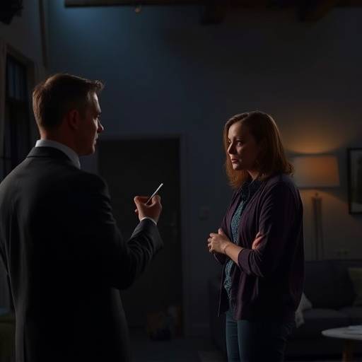 Two actors performing a scene in a dimly lit room, showcasing the Working with Actors course