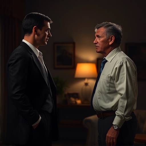 Two actors performing a scene in a dimly lit room